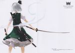  absurdres back dual_wielding hair_ribbon hairband highres hitodama holding katana konpaku_youmu konpaku_youmu_(ghost) ribbon rokuwata_tomoe scan short_hair silver_hair solo sword touhou weapon 