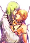  androgynous bad_id bad_pixiv_id blonde_hair chain closed_eyes earrings enkidu_(fate/strange_fake) enkidu_(weapon) fate/stay_night fate/strange_fake fate_(series) gilgamesh green_eyes green_hair jewelry long_hair male_focus multiple_boys otoko_no_ko shirtless smile uka_(color_noise) white_background 