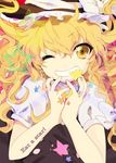  bad_id bad_pixiv_id biting blonde_hair braid english face grin hands hat highres kirisame_marisa mouth_hold one_eye_closed side_braid smile solo star touhou upper_body witch_hat yellow_eyes yoyoyotto 