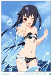  absurdres bikini black_bikini black_hair blush brown_eyes errant highres k-on! long_hair looking_at_viewer nakano_azusa navel one_eye_closed open_mouth ribbon scan smile solo splashing swimsuit teeth twintails water white_ribbon 