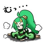  bell chibi green_eyes green_hair horns jingle_bell pixiv_fairy pointy_ears ponytail sitting sleeves_past_wrists solo wariza yanagi_(nurikoboshi) 