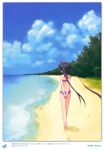  2011 absurdres arms_behind_back barefoot beach bikini black_hair blue_sky cloud dated day errant from_behind highres k-on! long_hair nakano_azusa ocean outdoors sand scan sky solo swimsuit tree twintails walking 