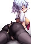  ass bad_id bad_pixiv_id ben-tou between_buttocks black_legwear blush breasts chopsticks crotch_seam from_behind fukai_ryousuke large_breasts looking_back mouth_hold panties panties_under_pantyhose pantyhose red_eyes school_uniform short_hair silver_hair skirt solo sweater_vest underwear yarizui_sen 