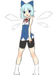  adapted_costume bad_id bad_pixiv_id bike_shorts blue_eyes blue_hair bow cirno hair_bow kinakomoti short_hair simple_background socks solo touhou white_legwear wings 