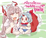  ^_^ baby bad_id bad_pixiv_id blue_hair brown_eyes closed_eyes fujiwara_no_mokou grey_hair hair_ribbon hat kamishirasawa_keine komaku_juushoku long_hair multiple_girls open_mouth ribbon short_hair sitting smile spoon tongue tongue_out touhou translated younger 