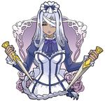  bandage_over_one_eye breasts dark_skin dual_wielding hannah_annafellow headband holding kuroshitsuji long_hair maid maid_headdress medium_breasts purple_eyes shou_j silver_hair solo sword weapon white_hair 