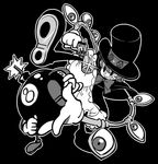  action black_background bloomers bomb evil_smile eyes george_the_bomb gloves greyscale grin gun handgun hat holding mechanical_arms monochrome peacock_(skullgirls) revolver sharp_teeth simple_background skullgirls smile teeth top_hat underwear upskirt weapon yukataro 