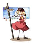  alternate_headwear blonde_hair blue_sky bow flandre_scarlet hand_on_headwear hand_on_hip hat hat_bow kneehighs loafers ominaeshi_(takenoko) red_eyes revision shoes short_hair side_ponytail sign skirt skirt_set sky smile solo touhou white_legwear wings 