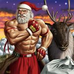  2011 abs animal antlers bare_shoulders beard belt christmas clenched_hand facial_hair fingerless_gloves gloves heterochromia male_focus manly matataku merry_christmas muscle mustache old_man open_mouth original reindeer reindeer_antlers santa_claus santa_costume shirtless sky solo star translated veins 
