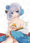  1girl 2019 :d anshinmama bare_shoulders blue_eyes blue_flower blue_rose blush braid breast_hold breasts cleavage collarbone eyebrows_visible_through_hair flower food fruit gloves groin hair_flower hair_ornament happy_new_year head_tilt heart highres japanese_clothes kimono large_breasts long_hair long_sleeves looking_at_viewer magia_record:_mahou_shoujo_madoka_magica_gaiden mahou_shoujo_madoka_magica mandarin_orange naked_kimono new_year one_breast_out one_side_up open_clothes open_kimono open_mouth oppai_mochi purple_hair ribbon rose sitting skindentation smile solo tareme white_background white_gloves wide_sleeves yakumo_mitama 