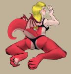  2016 adeline_(redacted) animal_humanoid blonde_hair blush bra breasts butt clothed clothing dragon_humanoid ear_piercing female green_eyes hair humanoid long_hair open_mouth piercing redacted simple_background solo transformation underwear wings 