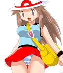  90s absurdres bag blue_(pokemon) breasts brown_eyes brown_hair cameltoe clenched_hands derivative_work hat highres large_breasts long_hair looking_at_viewer looking_down miniskirt open_mouth panties pantyshot pantyshot_(standing) pokemoa pokemon pokemon_(game) pokemon_frlg porkpie_hat red_skirt shoulder_bag simple_background skirt skirt_lift sleeveless solo standing striped striped_panties third-party_source underwear vector_trace white_background 