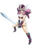  armor bikini_armor blue_eyes dragon_quest dragon_quest_iii flying-u gloves helmet pink_hair simple_background soldier_(dq3) solo sword weapon 