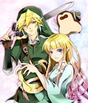  1girl bad_id bad_pixiv_id blonde_hair blue_eyes dress gloves harp hat instrument kikwi link machi_(skyward_sword) pointy_ears princess_zelda smile sword takeda_hotaru the_legend_of_zelda the_legend_of_zelda:_skyward_sword weapon 