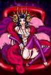  black_hair boa breasts chair claws cleavage demon demon_girl eyeshadow feather_boa horns lipstick makeup nail_polish painted_nails pink_eyes pointy_ears sitting thighhighs 