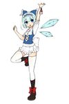  adapted_costume bad_id bad_pixiv_id blue_eyes blue_hair boots bow cirno full_body hair_bow hairband kinakomoti microskirt ribbon short_hair simple_background skirt solo standing standing_on_one_leg thighhighs touhou white_legwear wings wrist_ribbon zettai_ryouiki 
