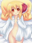  :o bad_id bad_pixiv_id bed blonde_hair blush bottomless dress_shirt flat_chest from_above groin hair_ribbon looking_at_viewer lying naked_shirt navel on_back pillow red_eyes ribbon rumia shinekalta shirt short_hair solo touhou 