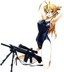  antenna_hair armalite_ar-10 armpits arms_behind_head bare_legs barefoot bipod breasts brown_hair competition_swimsuit covered_nipples full_body gun highres highschool_of_the_dead kneeling large_breasts long_hair miyamoto_rei one-piece_swimsuit open_mouth red_eyes rifle satou_shouji scope sniper_rifle solo swimsuit transparent_background weapon 