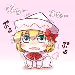  all_fours baby blonde_hair blue_eyes blush bow gradient gradient_background hat lily_white pink_background sad short_hair simple_background solo touhou translated trembling wings younger yutamaro 