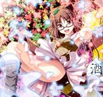  ahoge akashio_(loli_ace) animal_ears armpits bare_legs brown_eyes brown_hair danmaku futatsuiwa_mamizou glasses leaf leaf_on_head magic_circle raccoon_ears raccoon_tail short_hair solo tail touhou 