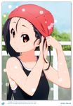  2011 absurdres adjusting_hair alternate_hairstyle black_hair brown_eyes dated day errant highres k-on! long_hair nakano_azusa scan solo swim_cap swimsuit twintails upper_body 