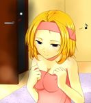 alice_margatroid blonde_hair blue_eyes breasts cleavage door evil_grin evil_smile grin hairband highres large_breasts musical_note naked_towel smile solo_focus touhou towel tsukimariko 