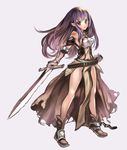  1girl alternate_costume armor belt blue_hair boots brown_eyes commentary_request cuffs gloves loincloth long_hair looking_at_viewer no_panties okishiji_en open_mouth pauldrons pointy_ears ragnarok_online shackles sheath shoulder_armor solo swordsman_(ragnarok_online) tattoo vambraces 