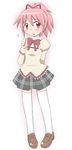  alternate_hairstyle arm_behind_back bow flying_sweatdrops hair_ribbon kaname_madoka mahou_shoujo_madoka_magica pigeon-toed pink_eyes pink_hair ponytail puffy_sleeves ribbon school_uniform skirt solo thighhighs white_legwear yoshiwo_(kanikama) zettai_ryouiki 