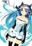  animal_ears bare_shoulders black_legwear blue_eyes blue_hair cable elbow_gloves gloves hair_ornament long_hair original pump_(pumpqmuq) shorts sketch solo thighhighs 