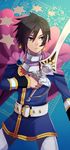  bad_id bad_pixiv_id belt black_hair blue_background blue_eyes cape earrings fumizuki_ryou jewelry leon_magnus male_focus pink_cape serious solo sword tales_of_(series) tales_of_destiny weapon 