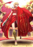  aestus_domus_aurea ahoge armor bad_id bad_pixiv_id blonde_hair blush bracelet cape fate/extra fate_(series) greaves green_eyes highres jewelry midriff navel nero_claudius_(fate) nero_claudius_(fate)_(all) petals sandals shadow solo standing sword tsukikanade weapon 