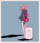  1girl absurdres aircraft airplane aqua_background backpack bag blue_footwear border drawstring expressionless grey_border halftone highres holding hood hood_down limited_palette long_sleeves nihohe orange_hair original profile shadow solo standing suitcase wide_shot 