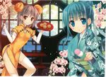  :o absurdres aqua_eyes aqua_hair asymmetrical_clothes asymmetrical_legwear chinese_clothes chopsticks chuujou_kagetsu copyright_request dango double_bun dumpling flower food grin highres huge_filesize japanese_clothes kimono legs multiple_girls over-kneehighs round_window side_slit single_thighhigh smile thighhighs wagashi white_legwear window 