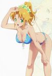  absurdres arm_up artist_request bent_over bikini blonde_hair blue_bikini blush body_blush breasts cleavage front-tie_top green_eyes highres large_breasts minisuka_police_2 open_mouth ponytail side-tie_bikini strap_gap swimsuit v zoom_layer 