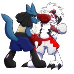  blue_fur boxing boxing_gloves clothing duo fight fur hair lucario lycanroc midnight_lycanroc nintendo pok&eacute;mon pok&eacute;mon_(species) punch shorts spikes sport sweat sweatdrop video_games white_fur 