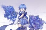  1boy blue_eyes blue_flower blue_hair blue_rose bouquet commentary covering_mouth flower flower_to_mouth flower_wings hair_between_eyes hand_up headset highres holding holding_bouquet holding_flower jacket kaito kaito_(vocaloid3) looking_at_viewer nail_polish rose scarf short_hair solo symbol_commentary upper_body vocaloid wings wrist_cuffs ziling 