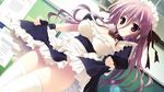  blush bow breasts cleavage frills game_cg headdress highres ikinari_anata_ni_koishiteiru karory maid medium_breasts onigase_tane purple_eyes purple_hair ribbon skirt skirt_lift solo thighhighs white_legwear wrist_cuffs 