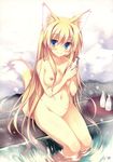  absurdres alcohol animal_ears between_breasts blonde_hair blue_eyes blush breasts fox_ears fox_tail groin highres large_breasts long_hair navel nipples nude onsen original sake sitting smile snow soaking_feet solo tail tateha_(marvelous_grace) tray water 