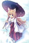  :d absurdres animal_ears blonde_hair blue_eyes detached_sleeves fang fox_ears fox_tail hakama hand_on_thigh highres japanese_clothes leaning_forward long_hair miko open_mouth oriental_umbrella original parasol red_hakama smile snow solo tabi tail tateha_(marvelous_grace) umbrella very_long_hair 