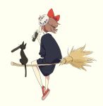  1girl animal beige_background black_cat black_dress bow broom broom_riding brown_hair cat dress ehoumaki facing_away food hair_bow highres holding holding_food jiji_(majo_no_takkyuubin) kiki majo_no_takkyuubin makizushi mask mask_on_head popman3580 red_bow red_footwear shoe_soles shoes sketch sushi 