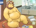  2014 anthro balls belly eyes_closed felid flaccid fur humanoid_hands kitchen lako lion male mammal moobs navel nipples overweight overweight_male pantherine penis sitting sleeping solo sound_effects yellow_fur zzz 