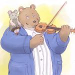  2014 anthro belly brown_fur c&eacute;lestine clothing duo ernest ernest_and_c&eacute;lestine eyes_closed female fur lako male mammal mouse musical_instrument overweight overweight_male rodent shirt simple_background sitting ursid 