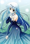  absurdres aquarian_age blue_hair breasts cleavage dress elbow_gloves gloves green_eyes highres jewelry medium_breasts nanao_naru necklace pointy_ears solo 