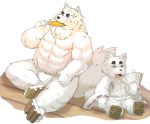  2014 anthro belly canid canine clothing cute_fangs duo eating footwear fox fundoshi fur gingitsune gintaro humanoid_hands japanese_clothing lako male mammal robe sandals simple_background sitting underwear white_background white_fur yellow_eyes young 