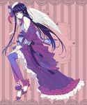  blue_hair copyright_request dress enk hat high_heels highres hime_cut long_hair purple_eyes purple_legwear shoes solo striped striped_background thighhighs white_wings wings 