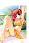  absurdres amane_sou armpits arms_up barefoot bikini blue_eyes breasts brown_hair cleavage highres leg_up legs medium_breasts momose_mio navel palm_tree pastel side_ponytail solo swimsuit tree 