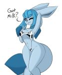  2019 ? anthro big_breasts bikini blue_fur breasts camel_toe canid canine clothed clothing cow_bikini cow_print cowkini cowprint_slingkini digital_media_(artwork) eeveelution english_text female fur glaceon mammal navel nintendo one_eye_closed pok&eacute;mon pok&eacute;mon_(species) seirva simple_background skimpy sling_bikini smile solo string_bikini swimsuit text thick_thighs under_boob v_sign video_games wink 