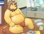  2014 anthro belly eyes_closed felid fur humanoid_hands kitchen lako lion male mammal moobs navel nipples overweight overweight_male pantherine sitting sleeping solo yellow_fur 