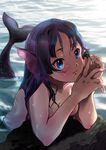  absurdres akiyama_mio animal_ears black_eyes black_hair blush breasts face highres hime_cut k-on! long_hair looking_at_viewer medium_breasts mermaid monster_girl monsterification nude parted_lips partially_submerged plectrum shy solo wet wet_hair 