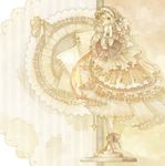  bad_id bad_pixiv_id bow brown_eyes covering_mouth dress eyepatch frills hand_over_own_mouth headdress highres long_hair mizutame_tori original paper shoes silver_hair solo standing star 